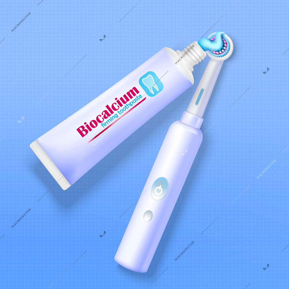 Modern electric toothbrush and tube of toothpaste on blue background realistic vector illustration
