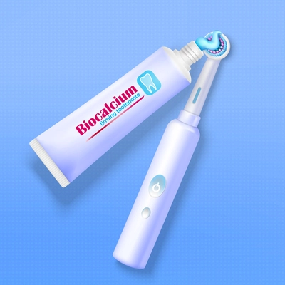 Modern electric toothbrush and tube of toothpaste on blue background realistic vector illustration