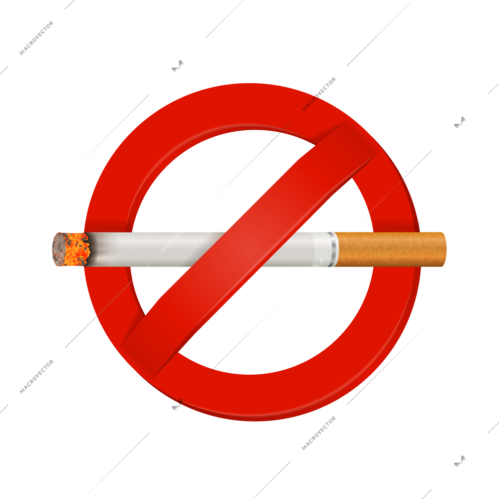 Indoor and outdoor facility no smoking safety sign bright red realistic with smoldering cigarette vector illustration