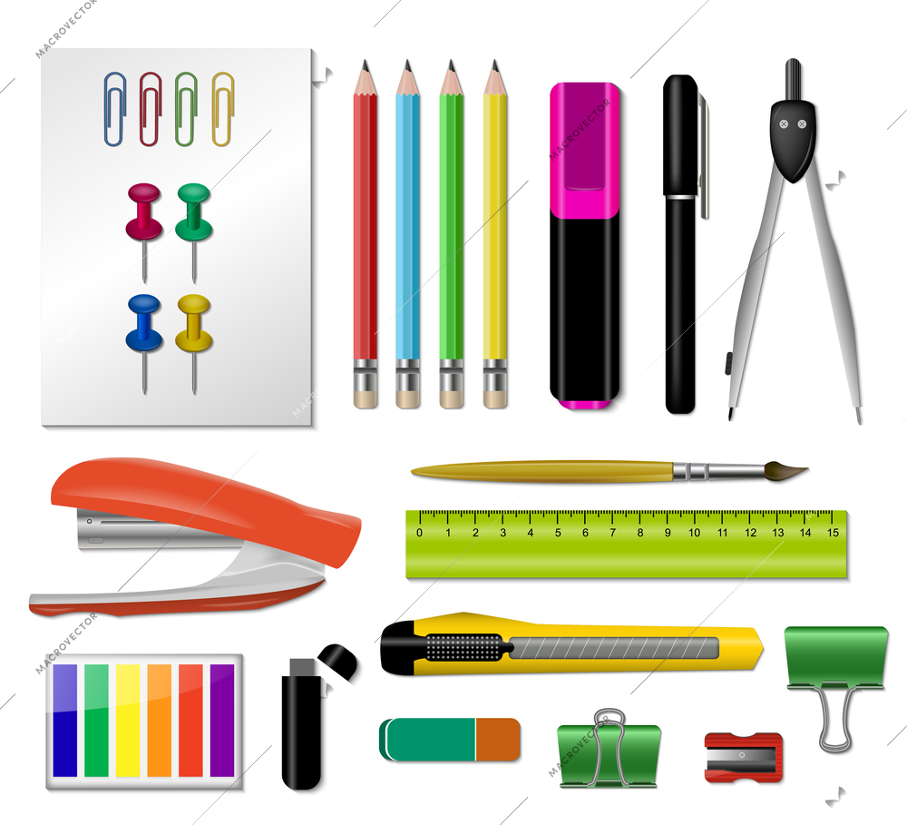 Realistic stationery icon set with stapler pair of pencils handles button rulers vector illustration