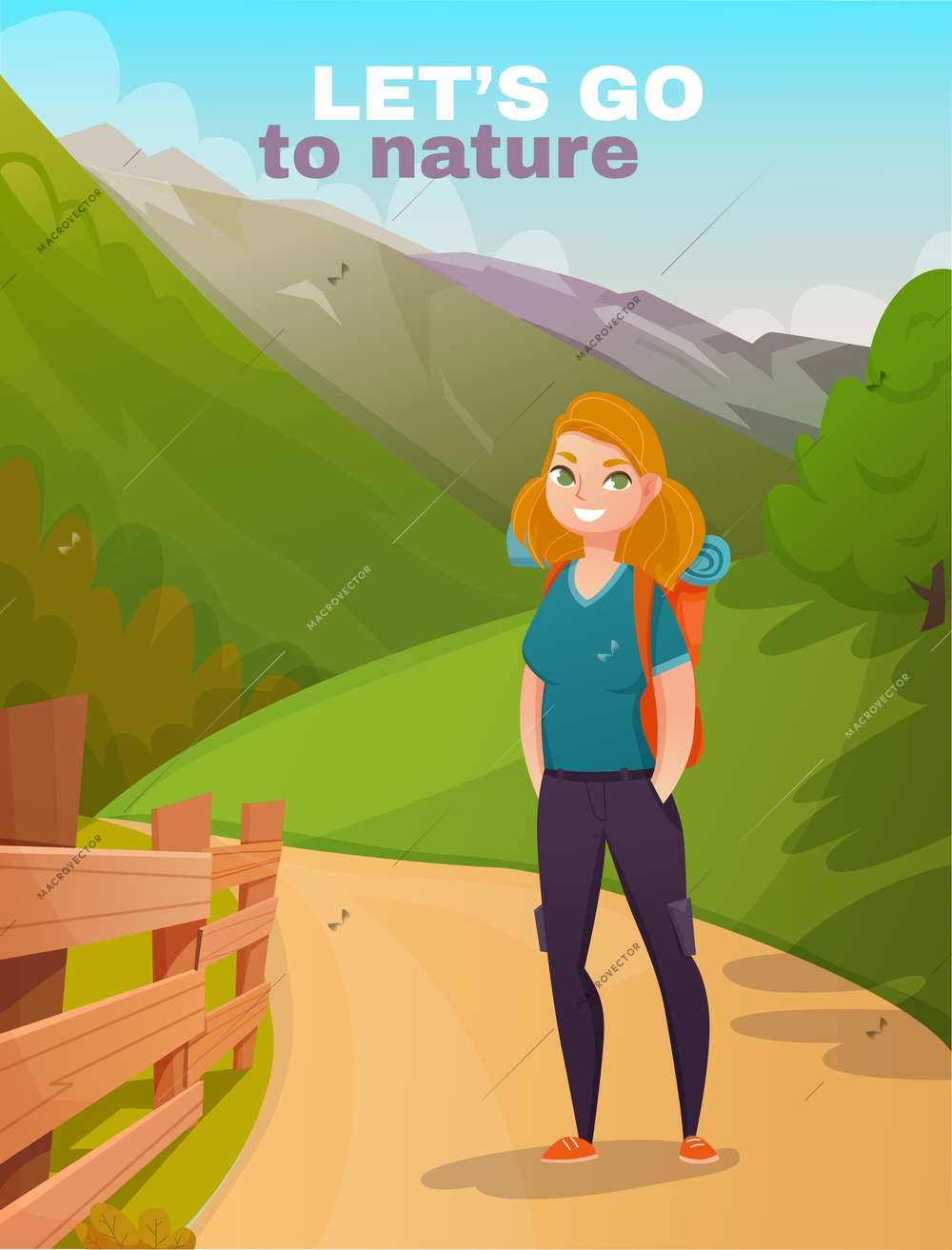 Happy girl hiking in mountains and leading healthy lifestyle cartoon vector illustration