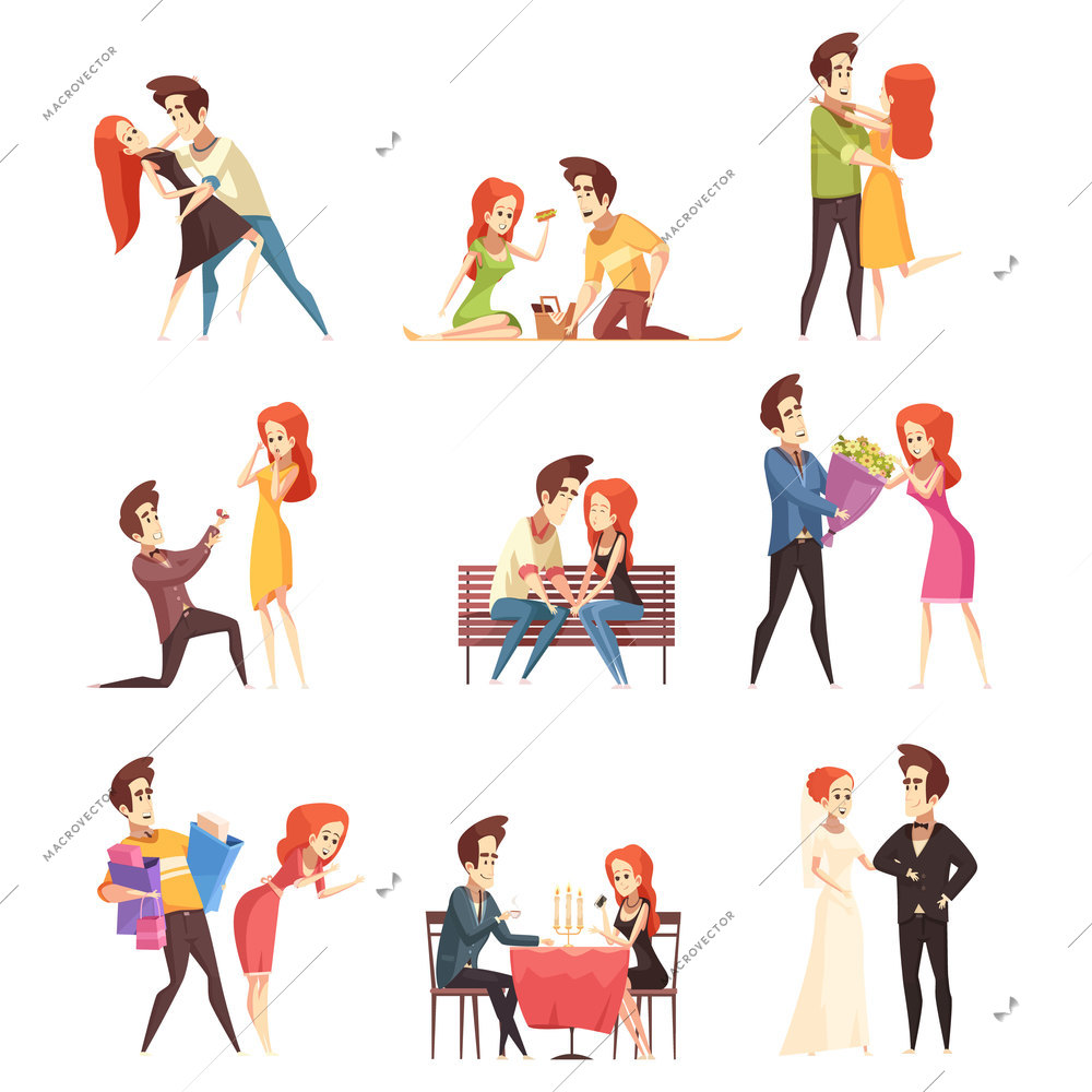 Couple in love flat decorative elements with young women and men dancing meeting outdoor in cafe and marriage ceremony isolated vector illustration