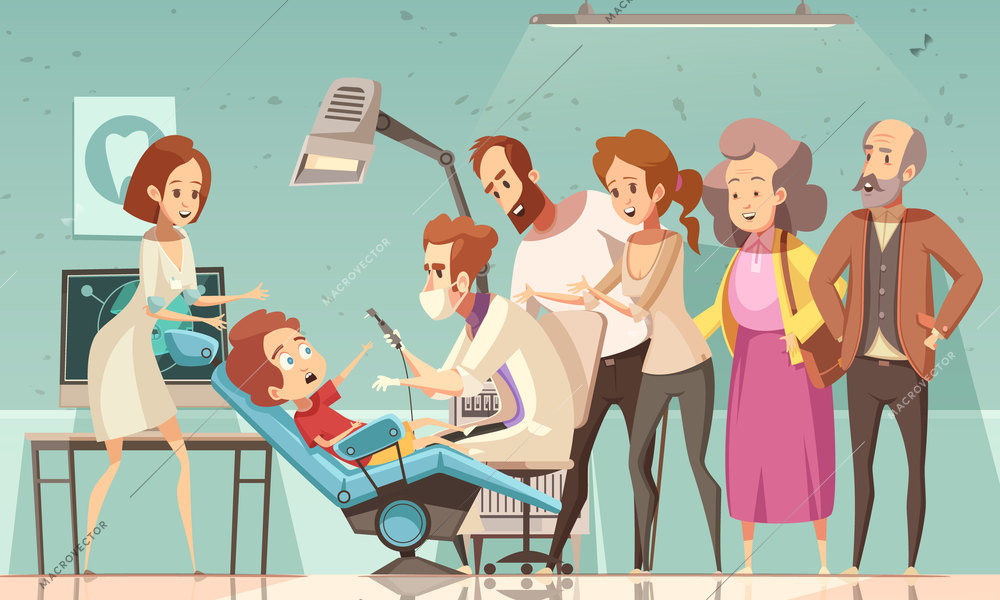 Funny cartoon scene in dentist office with doctor nurse baby in armchair his parents and grandparents vector illustration