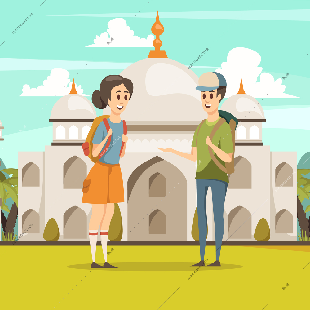 Travel in india flat composition with young  tourist couple on taj mahal mausoleum background vector illustration