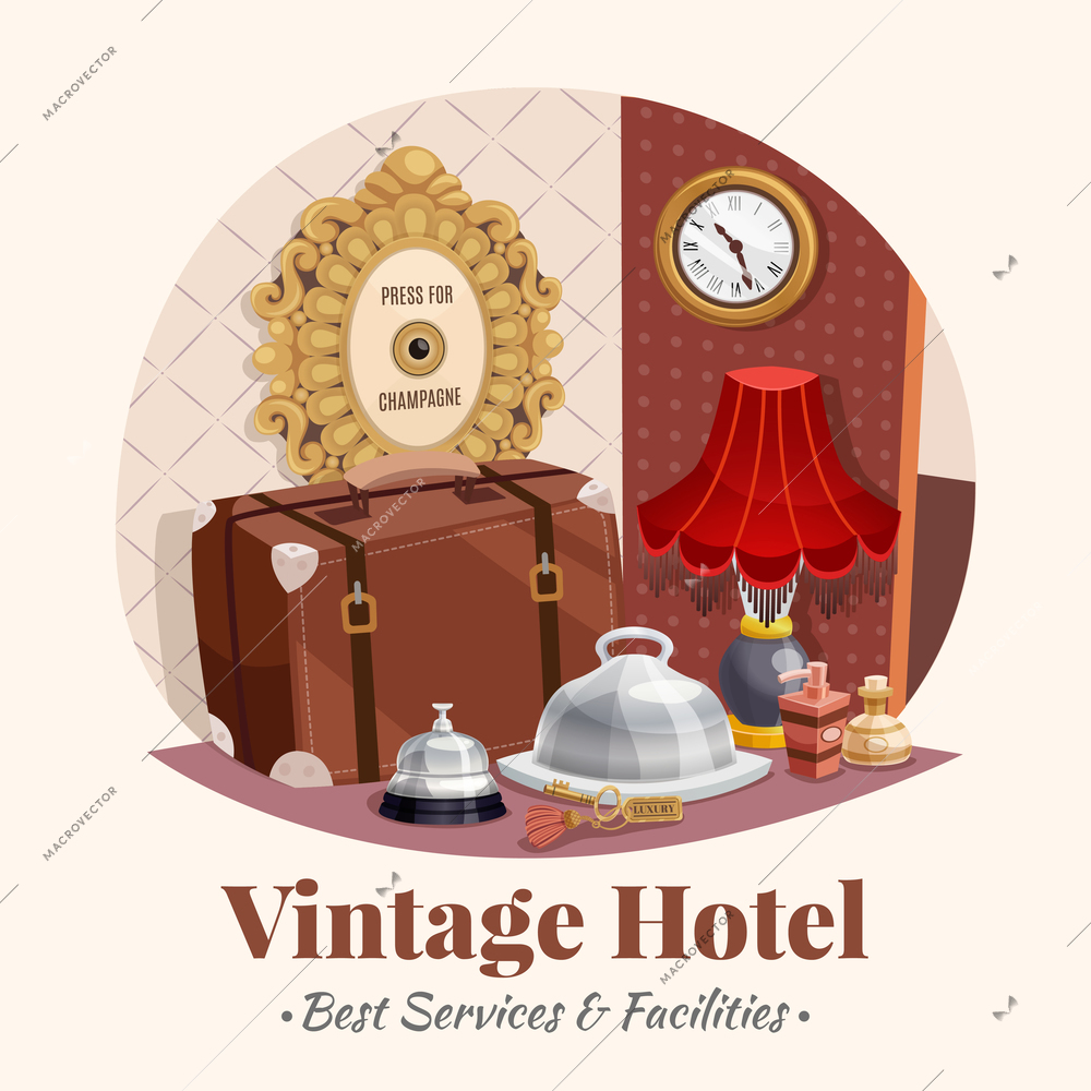 Colored in round vintage hotel composition with best service and facilities descriptions vector illustration