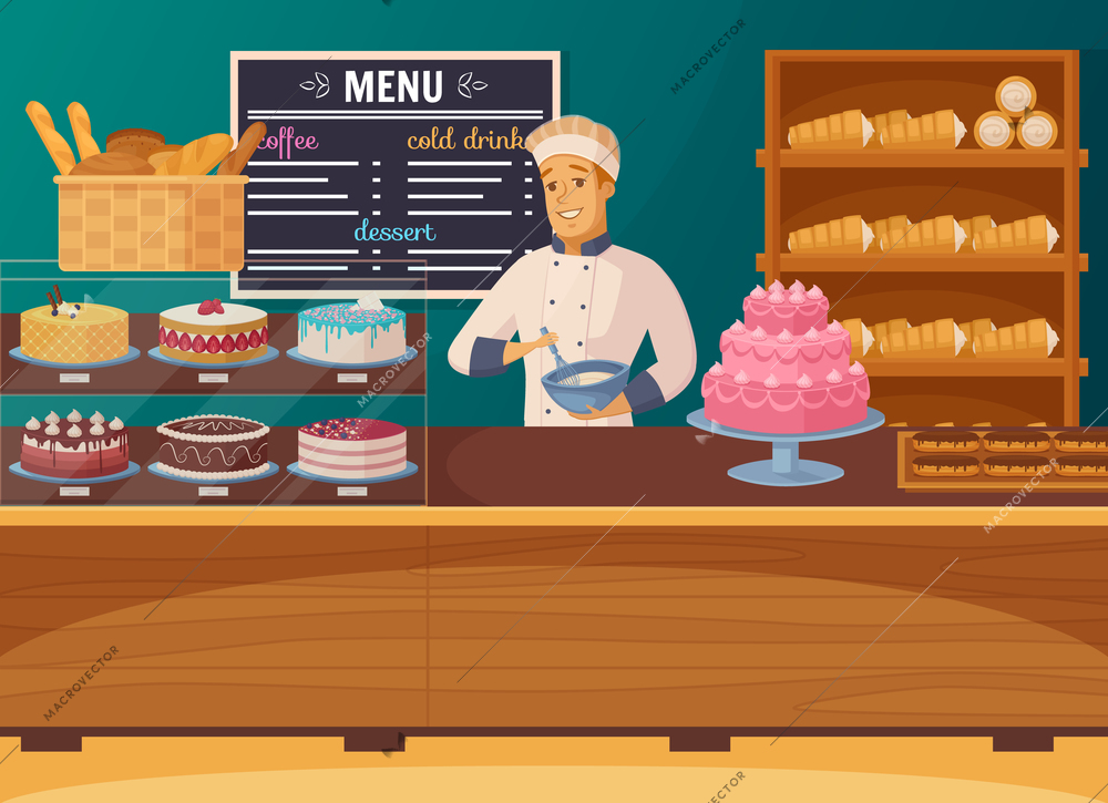 Sweet shop cartoon composition with  smiling confectioner near counter and showcase with cakes and bread vector illustration