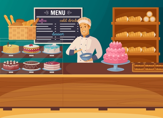 Sweet shop cartoon composition with  smiling confectioner near counter and showcase with cakes and bread vector illustration