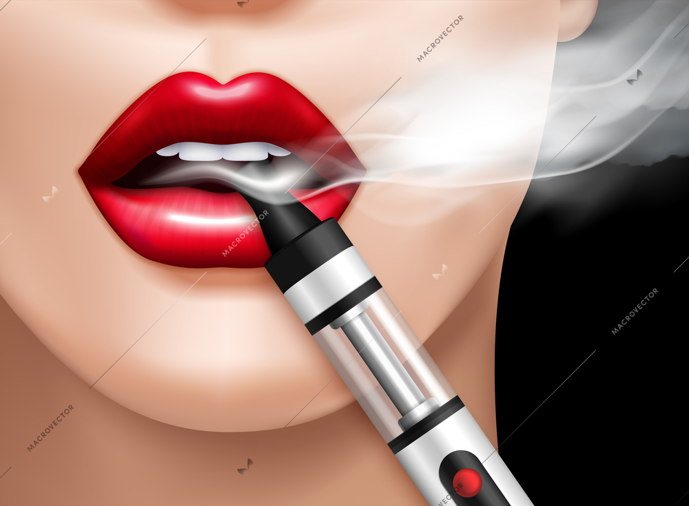 Woman with red lips vaping electronic cigarette on black background realistic vector illustration