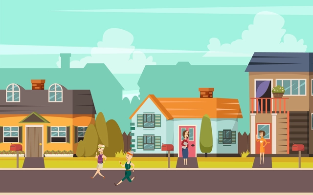 Rural street orthogonal background with cottages playing children and communicating neighbors flat vector illustration