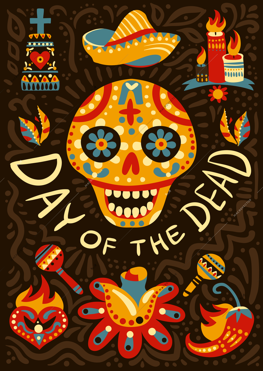 Mexican day of dead midnight festivities decorative background poster with traditional colorful ornamental skull symbol vector illustration