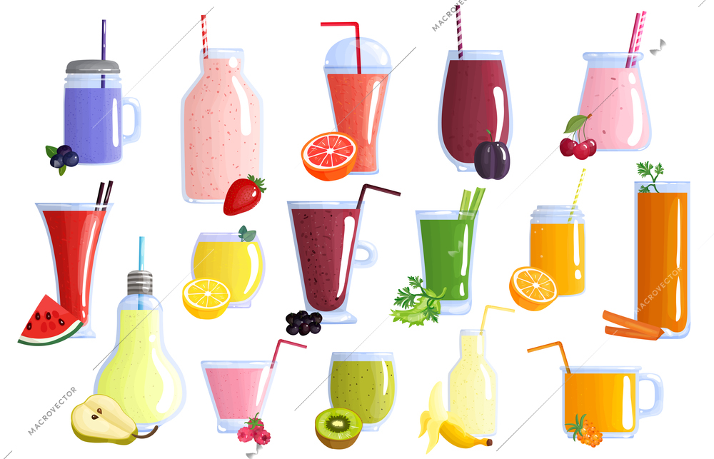 Appetizing healthy colorful fruit smoothies icons collection with banana watermelon orange blueberry kiwi and lemon isolated icons illustration