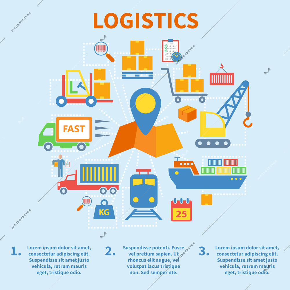 Logistic infographic flat icons set with map pin vector illustration