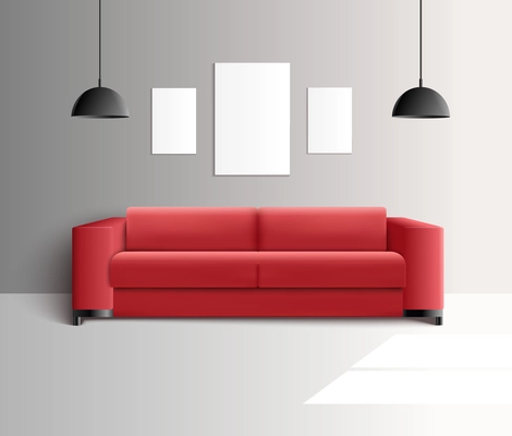 Living room furniture interior realistic composition with red sofa hanging lamps and blank frames for pictures vector illustration