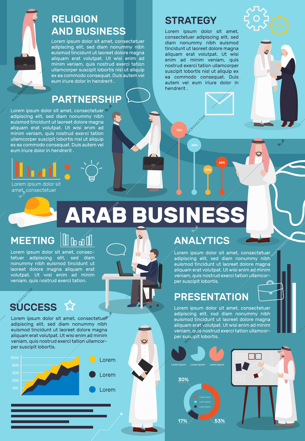 Arab business people infographics with doodle human characters in national islamic clothes with editable text paragraphs vector illustration
