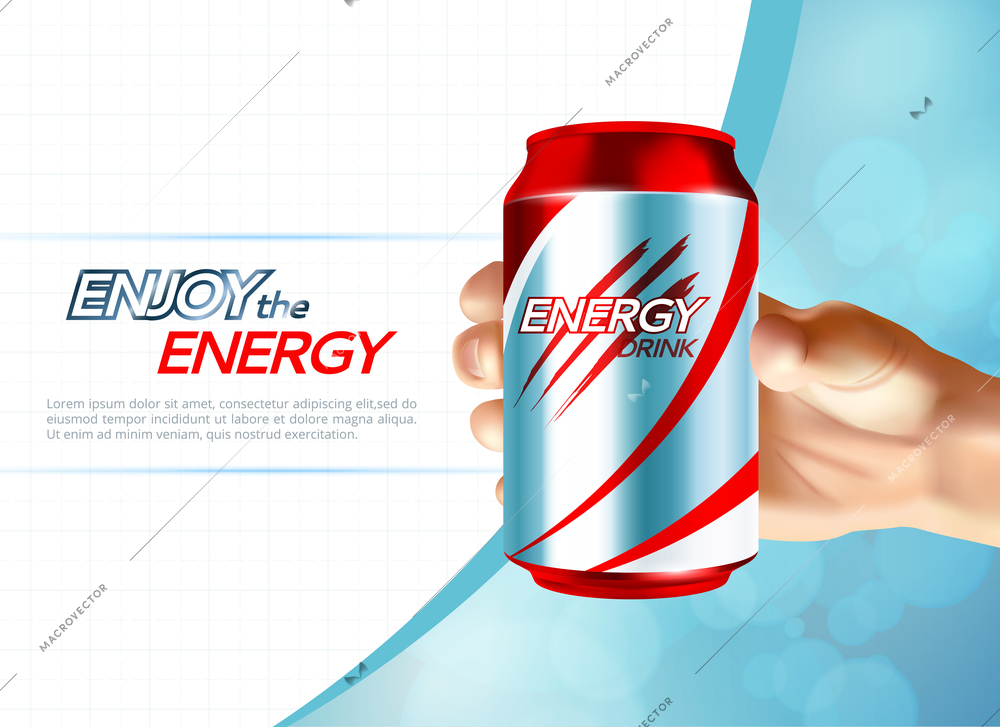 Colored metal can hand poster with enjoy the energy description and hand holding a bottle vector illustration