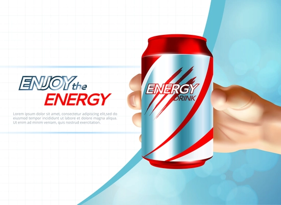 Colored metal can hand poster with enjoy the energy description and hand holding a bottle vector illustration