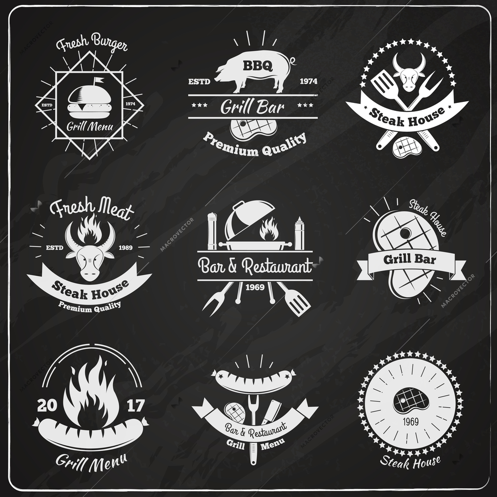 Steakhouse vintage emblems chalkboard set with flat images of fresh meat burgers and dishes with text vector illustration