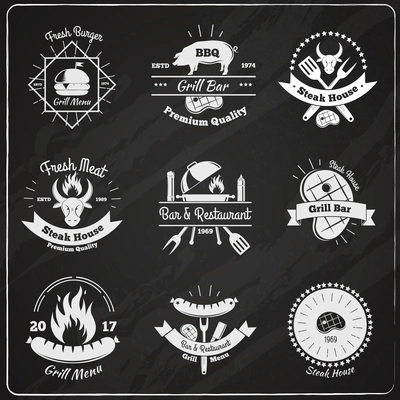 Steakhouse vintage emblems chalkboard set with flat images of fresh meat burgers and dishes with text vector illustration