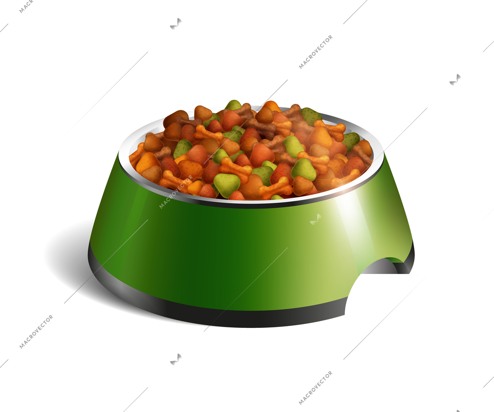 Green color realistic isolated dog bowl dry food composition with dry food vector illustration