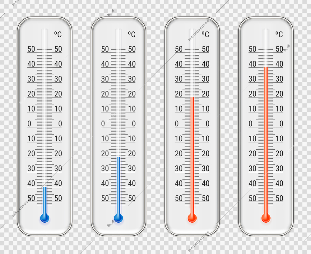 Outdoor indoor celsius red and blue different level alcohol meteorological thermometers set transparent background realistic vector illustration