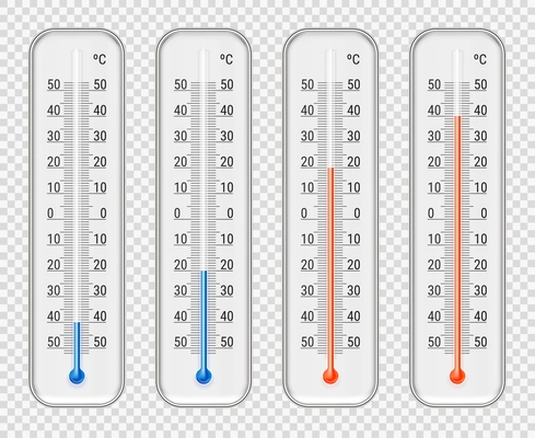 Outdoor indoor celsius red and blue different level alcohol meteorological thermometers set transparent background realistic vector illustration