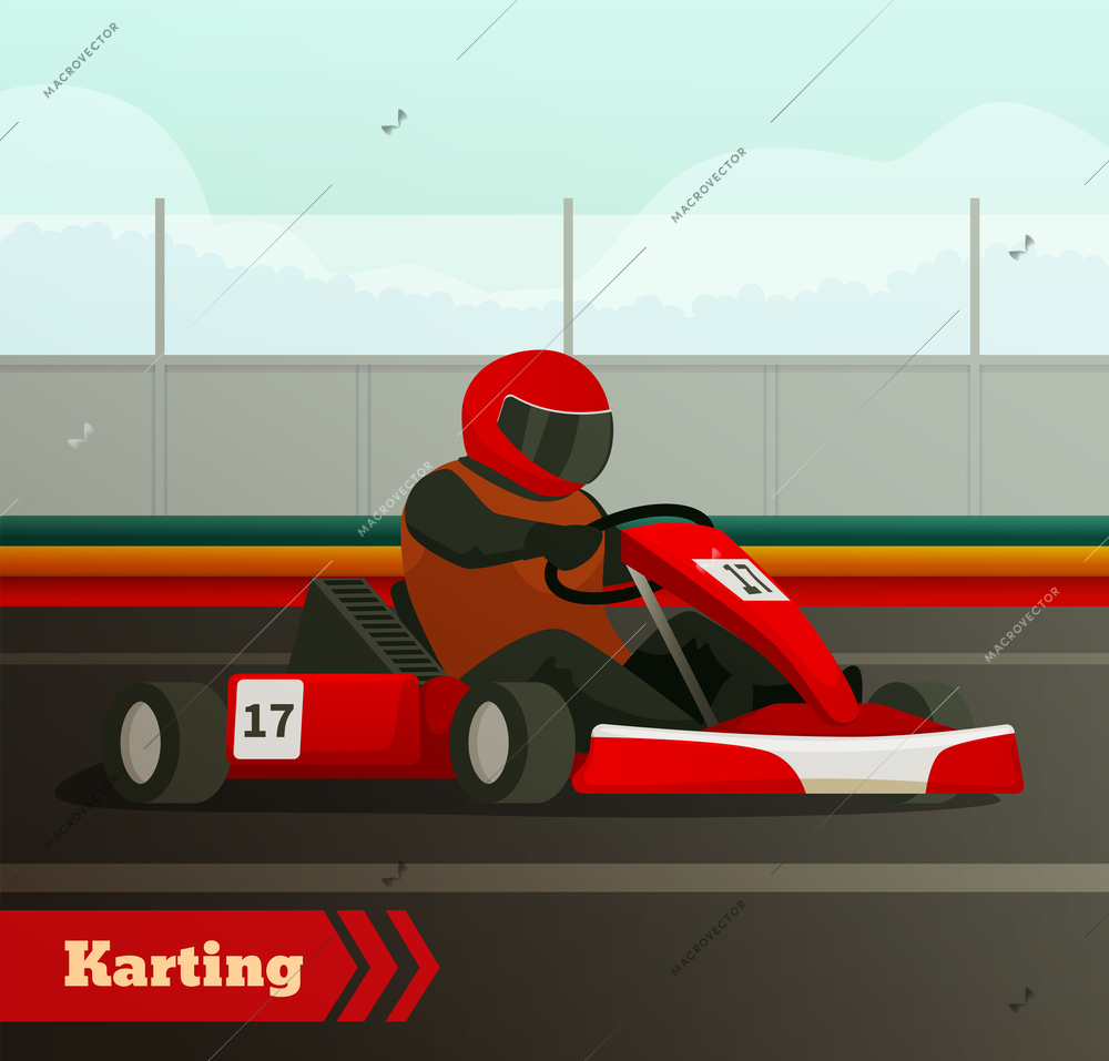 Racing flat composition with images of cart driven by karter in racing helmet on race track vector illustration