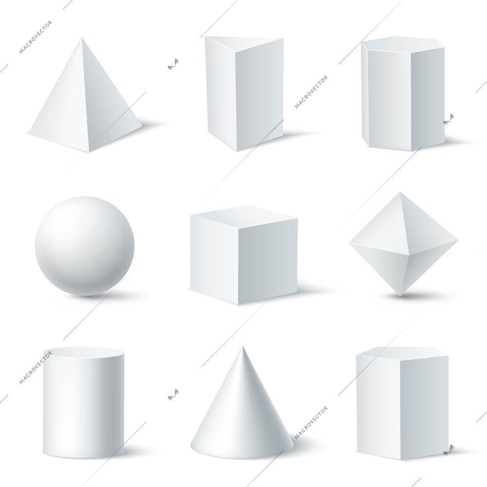 Realistic white geometric shapes set with nine isolated solid body objects on clear background with shadows vector illustration