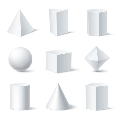 Realistic white geometric shapes set with nine isolated solid body objects on clear background with shadows vector illustration