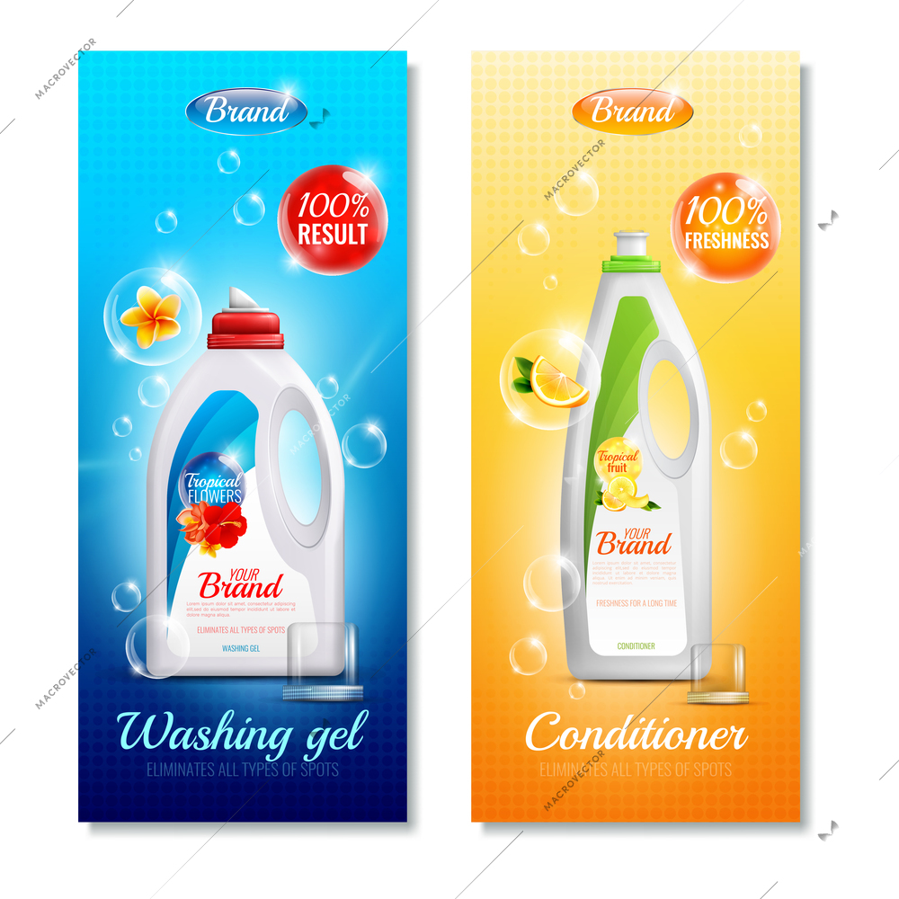 Two colored detergents clothes vertical banner set with washing gel and conditioner vector illustration