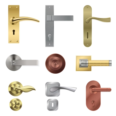 Realistic door handle collection with isolated metal lever images of different shape and colour with keyholes vector illustration