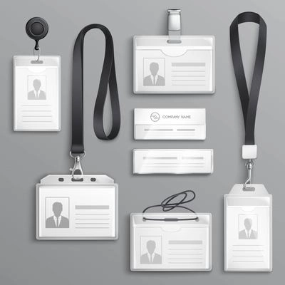 Employees identification card id badges holders with  lanyards cord and strap clips black realistic samples set vector illustration