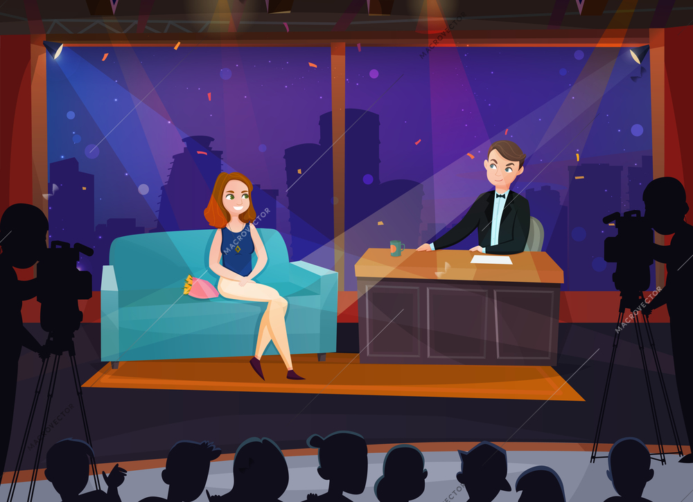 Smiling female participant in live talk show cartoon vector illustration