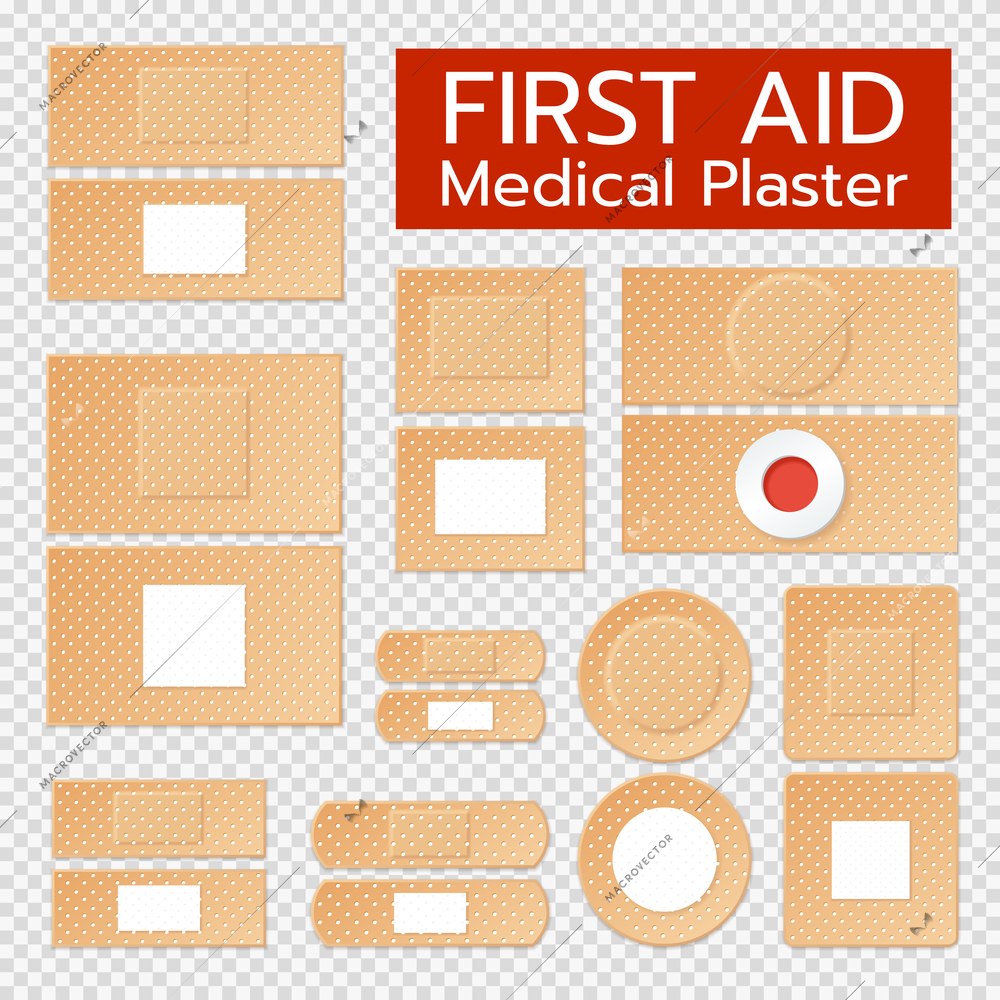 Set of realistic medical plasters of beige color with antiseptic treatment isolated on transparent background vector illustration