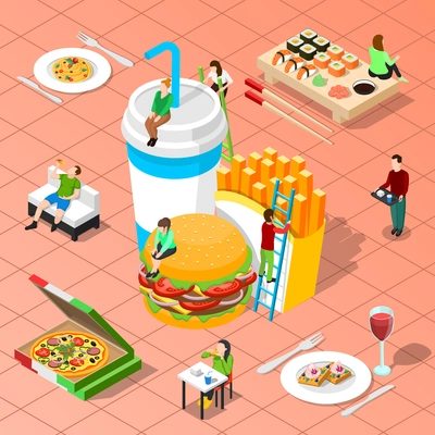 Fast food isometric composition with pizza grilled potato hamburger sushi big icons and little people figurines vector illustration