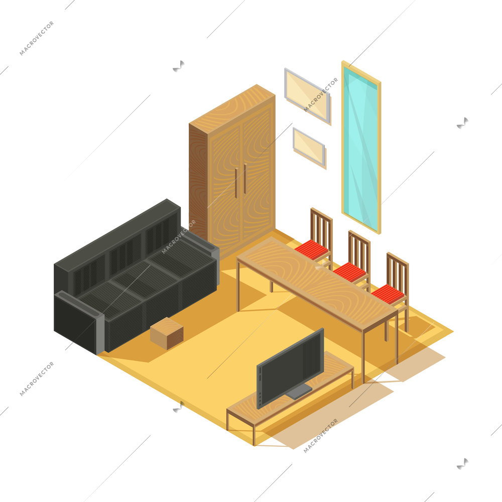 Furniture isometric set of furnished room items armoire sofa tv set mirror and chairs with table vector illustration