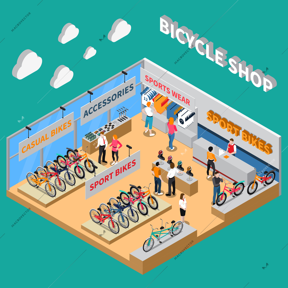 Bicycle isometric colored composition with bicycle shop sport bikes accessories wear and different store departments vector illustration