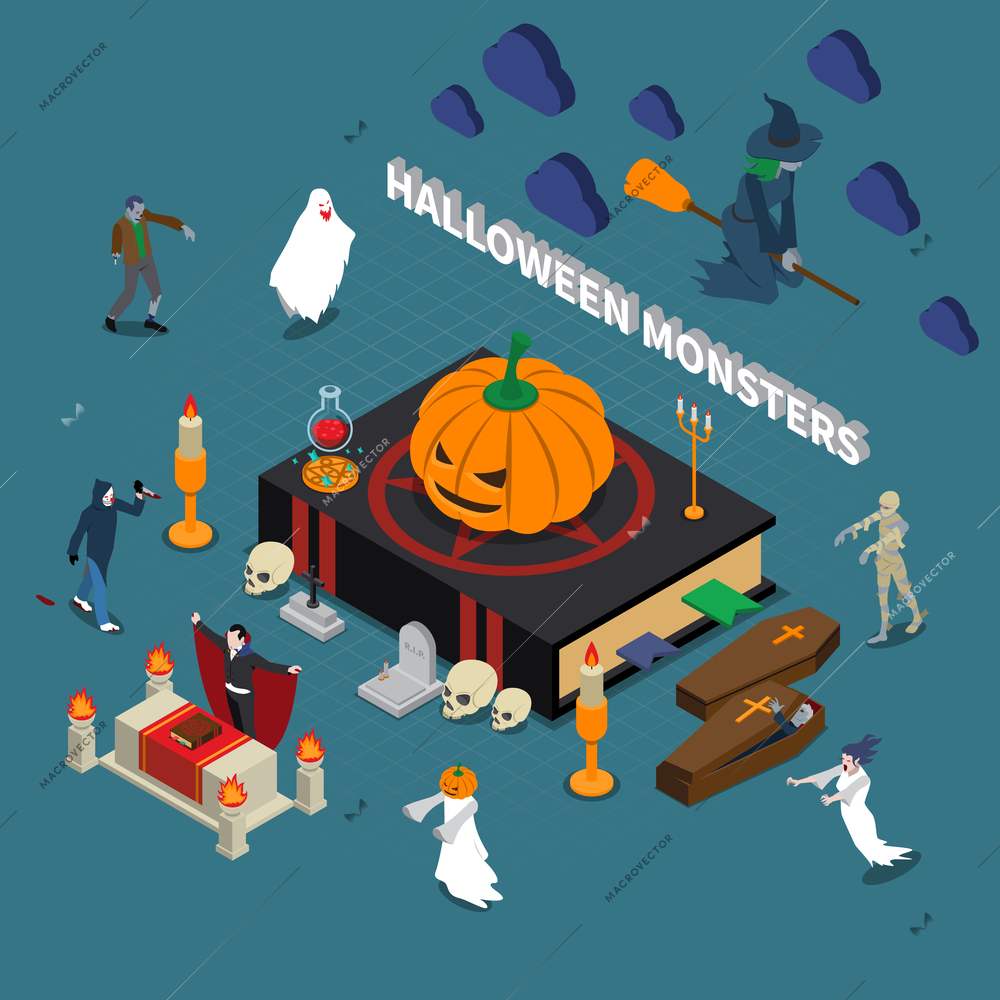 Colored monster halloween isometric composition with different monsters and his scary attributes vector illustration