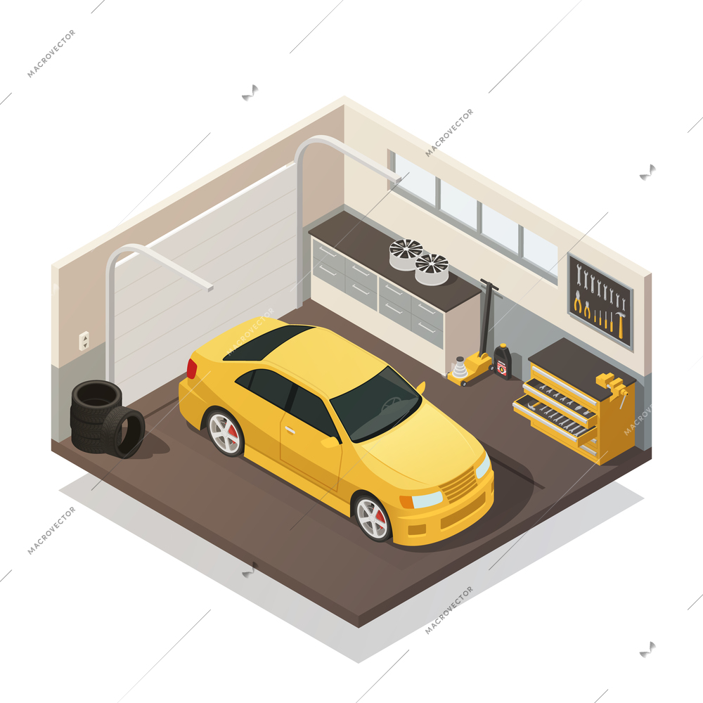 Yellow car in autoservice garage facility ready for test and tires fixing isometric interior view vector illustration