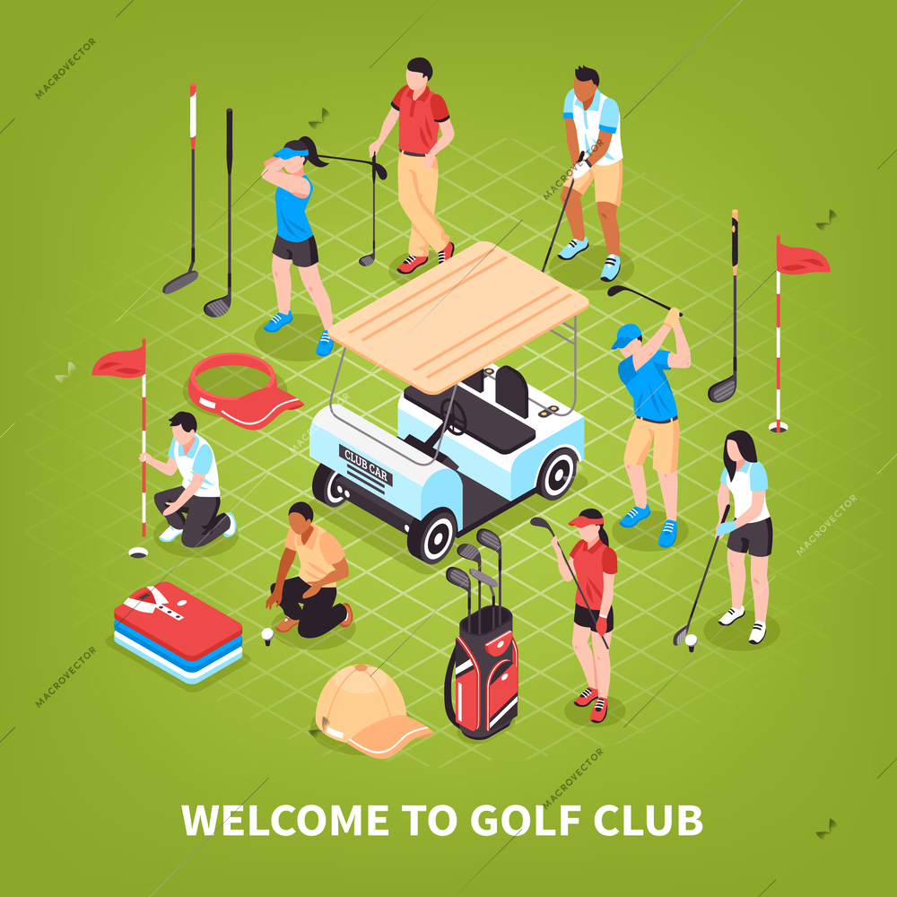 Golf club concept with game and competition symbols isometric vector illustration