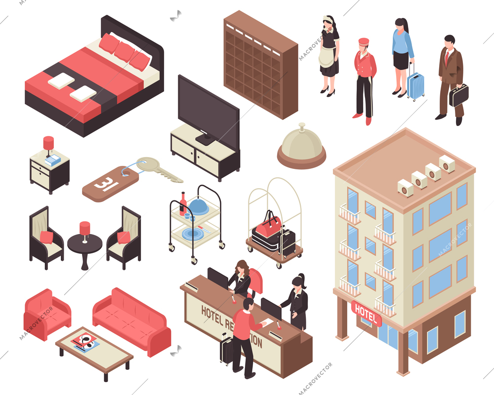 Isometric set with hotel building furniture staff visitors and reception isolated on white background 3d vector illustration