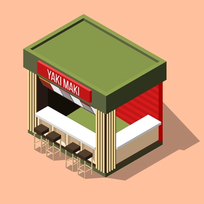 Isometric small empty yaki maki sushi bar on pink background 3d vector illustration