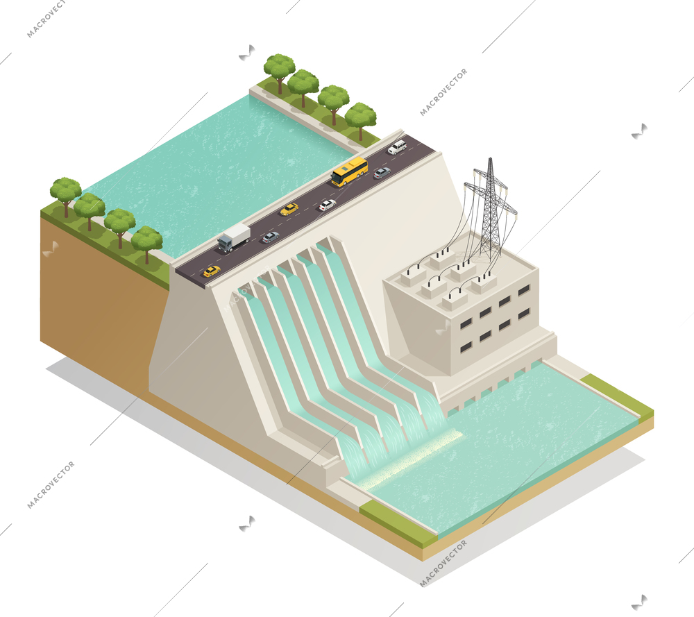 Ecological green energy renewable electricity generation isometric composition with hydroelectric power production station facility vector illustration