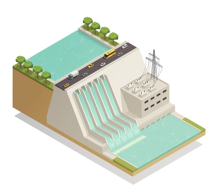 Ecological green energy renewable electricity generation isometric composition with hydroelectric power production station facility vector illustration