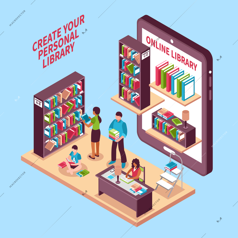 Online library isometric concept on blue background with choice of literature, storage at mobile device  vector illustration