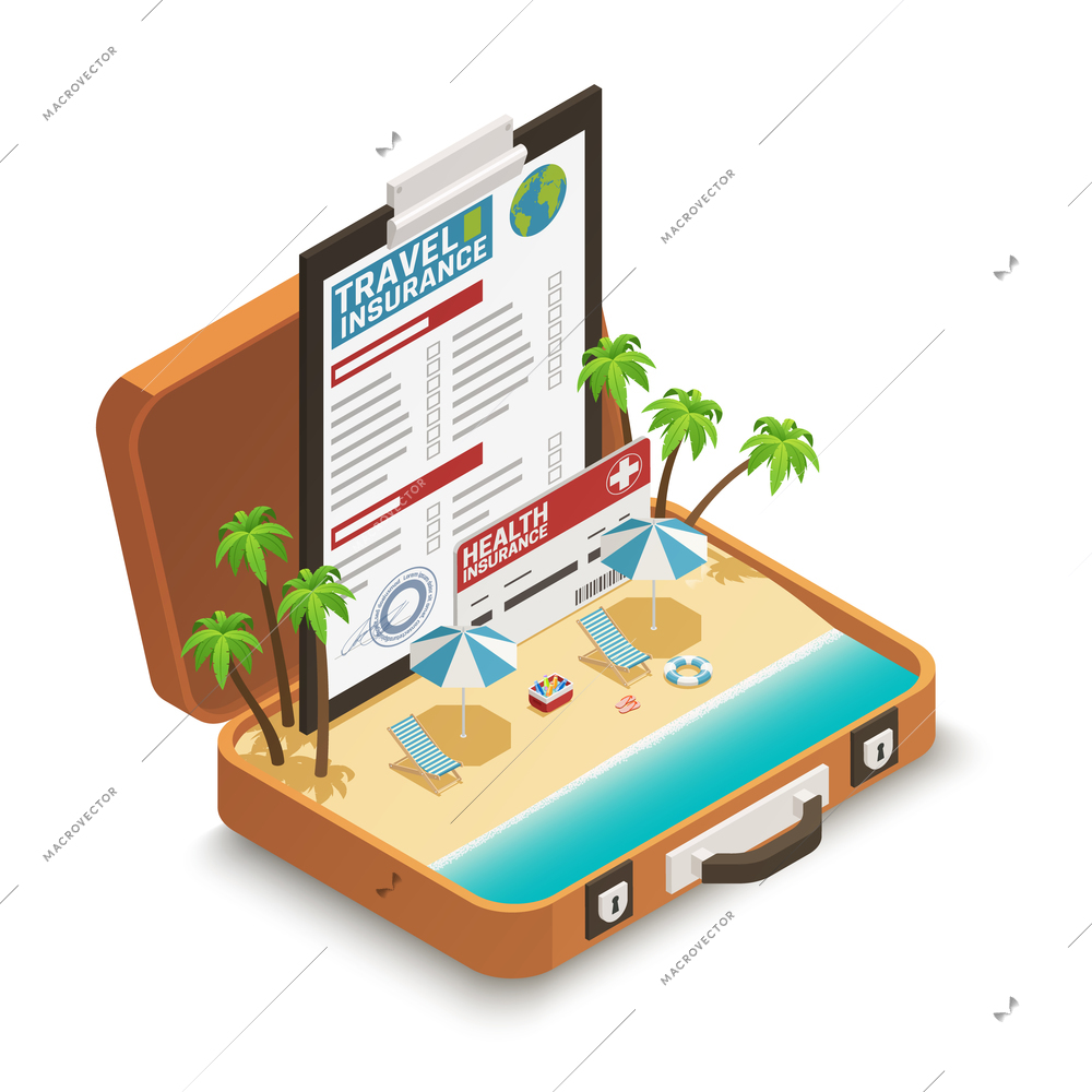 Travel insurance policy certificate advertisement isometric composition with tropical beach inside open vacation suitcase symbol vector illustration