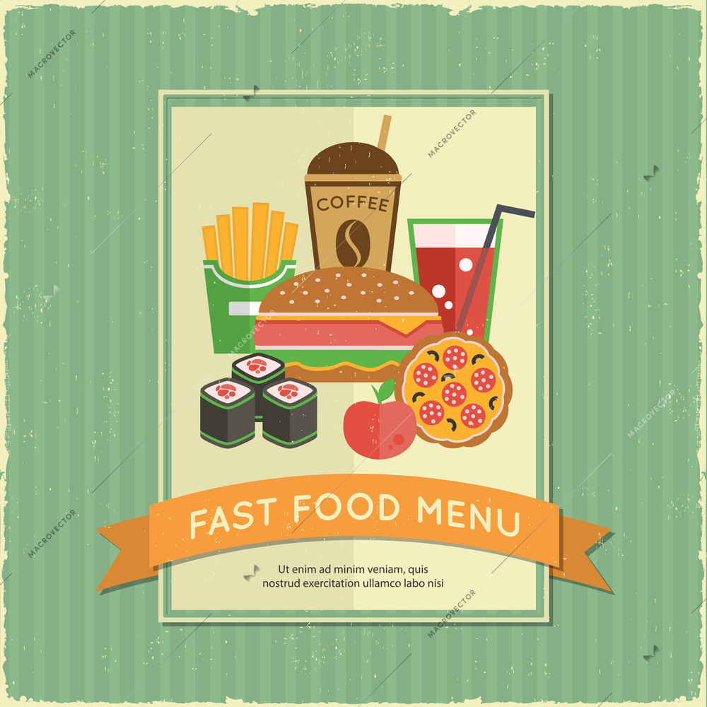 Retro fast food menu poster with ribbon and sandwich french fries drink vector illustration