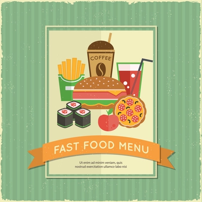 Retro fast food menu poster with ribbon and sandwich french fries drink vector illustration