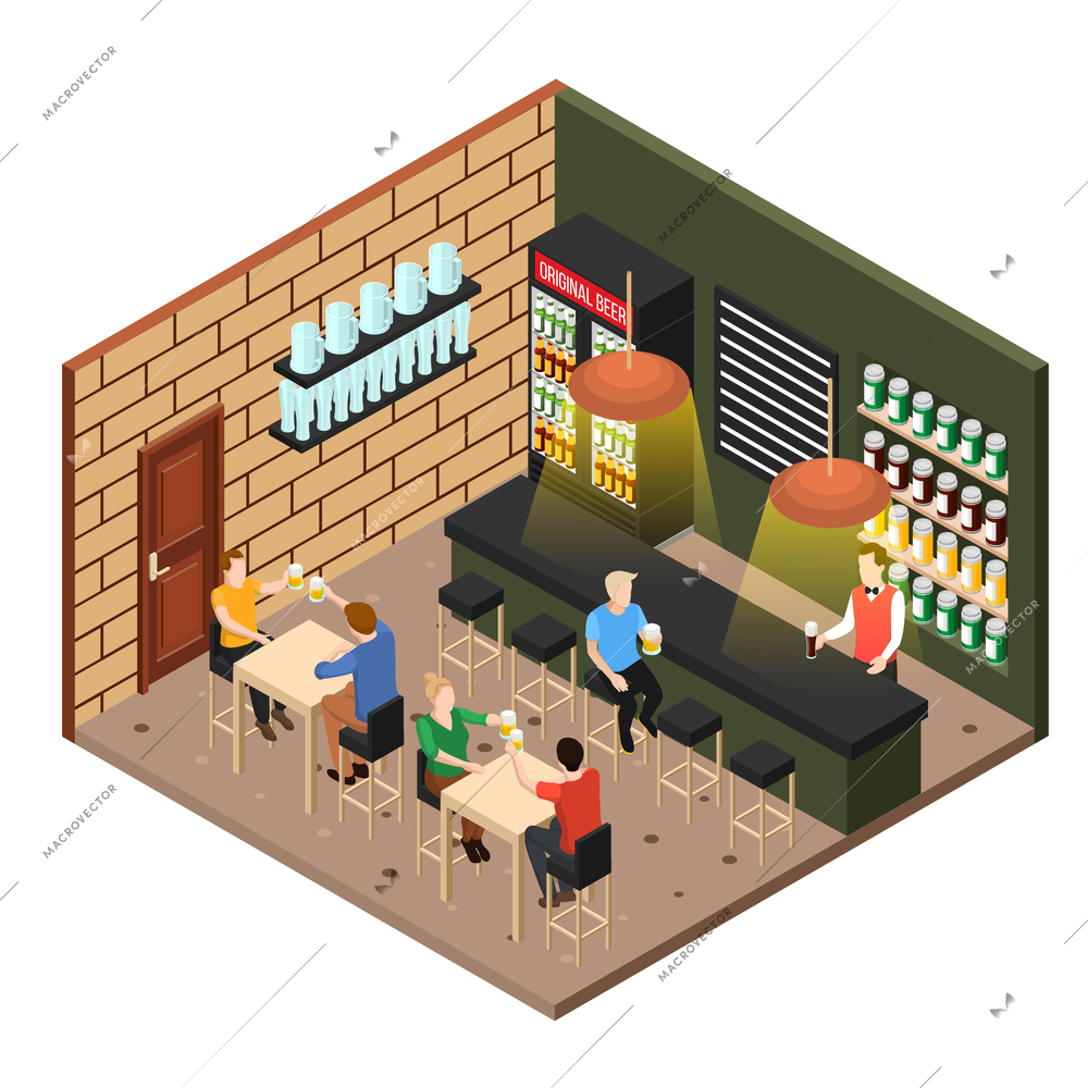 Isometric original beer shop interior and merry visitors clanging mugs 3d vector illustration