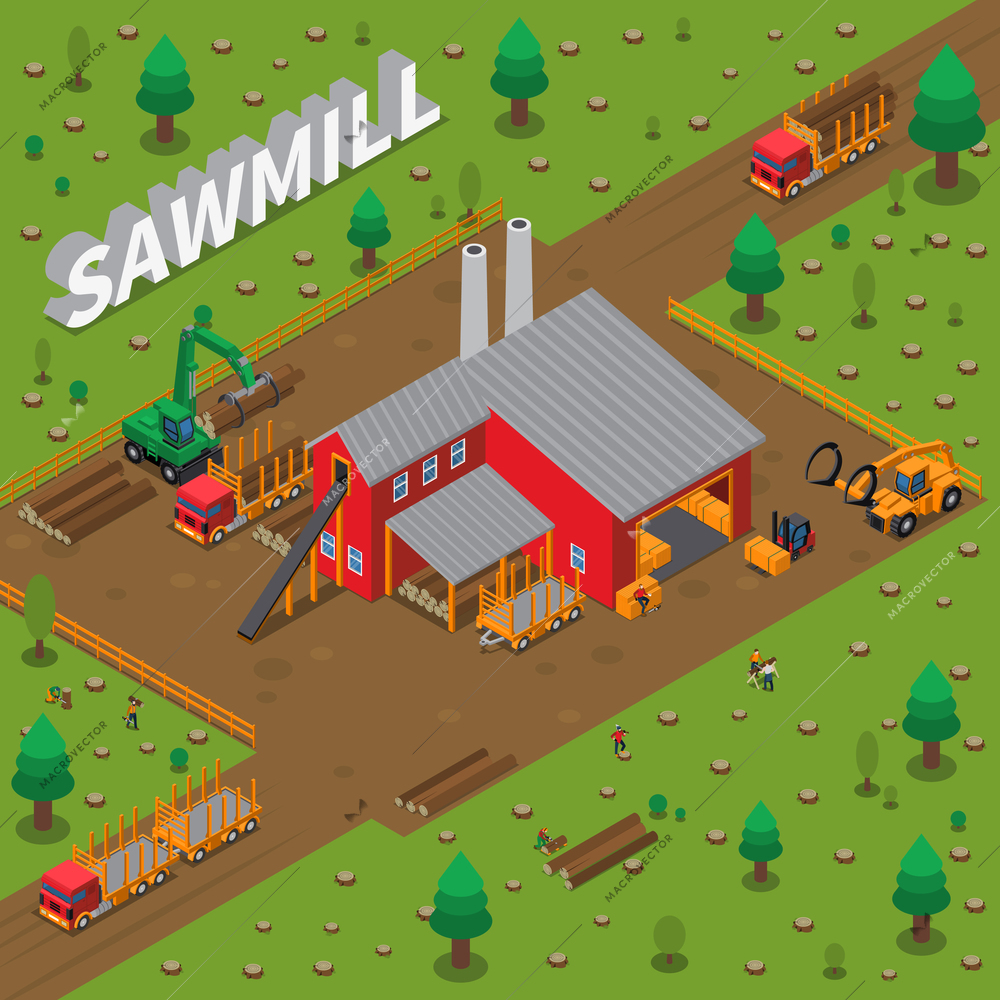 Colored sawmill timber mill lumberjack isometric composition with construction of building in a sawmill vector illustration