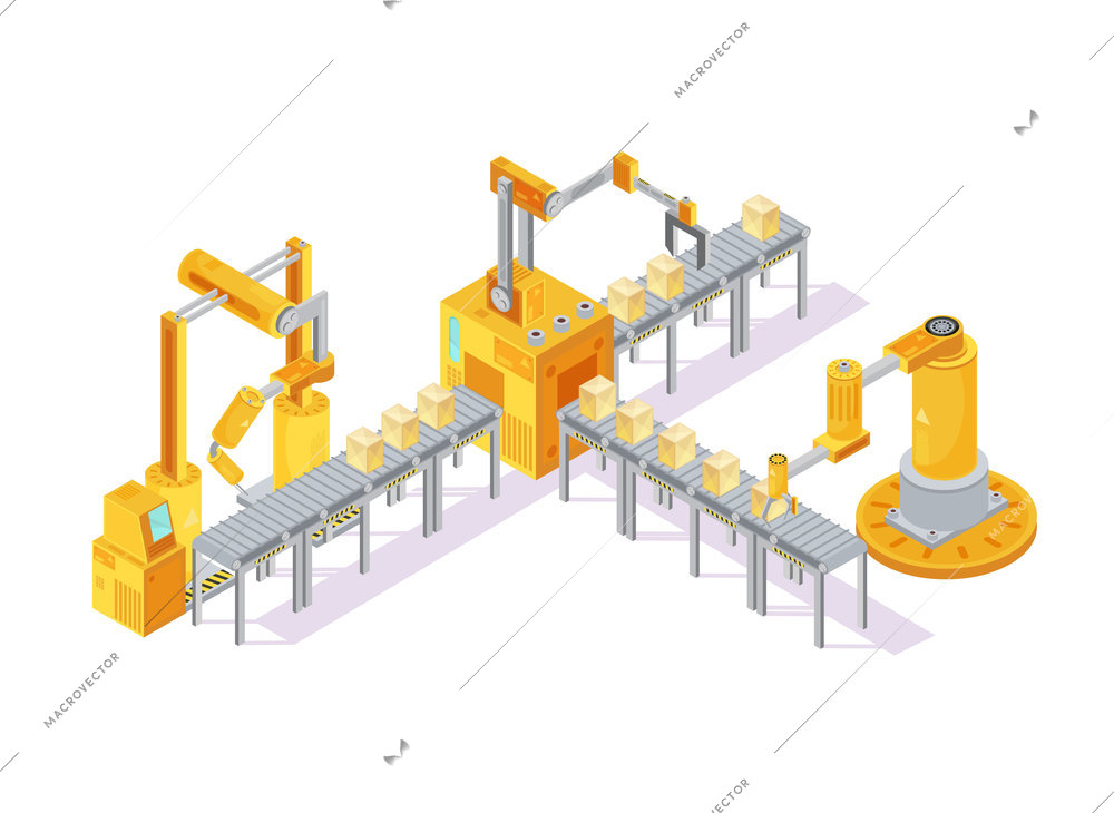 Conveyor equipment isometric composition with robotic hand for welding and boxes on lines 3d vector illustration
